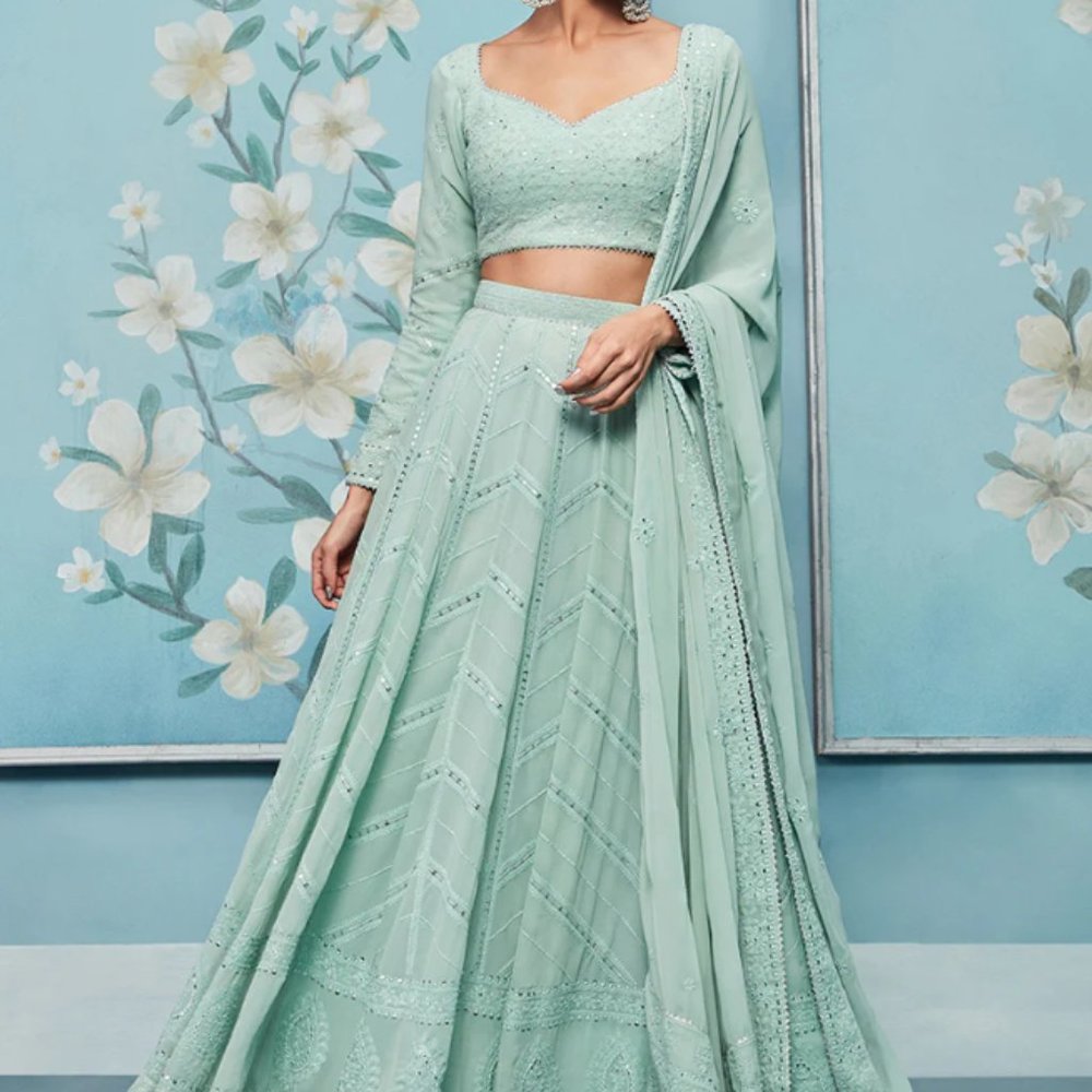 Dusty Mint Green Thread Embroidered Lehenga - Size L (40)